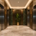 Luxury elevator lobby with stainless steel elevator doors and marble flooring by TheNova Elevators